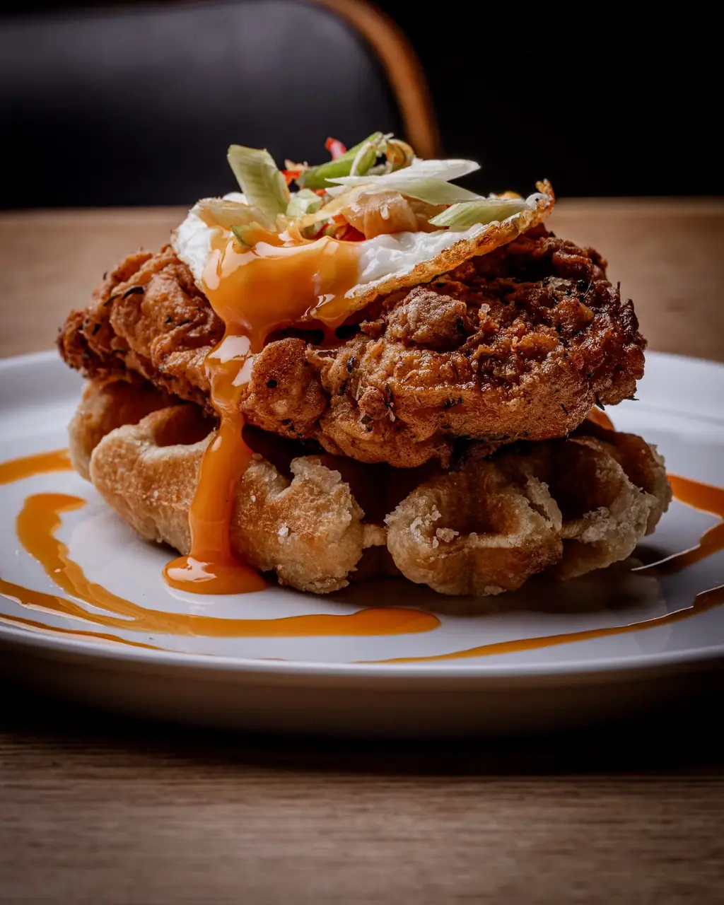 Chicken and waffles with a fried egg and hot honey