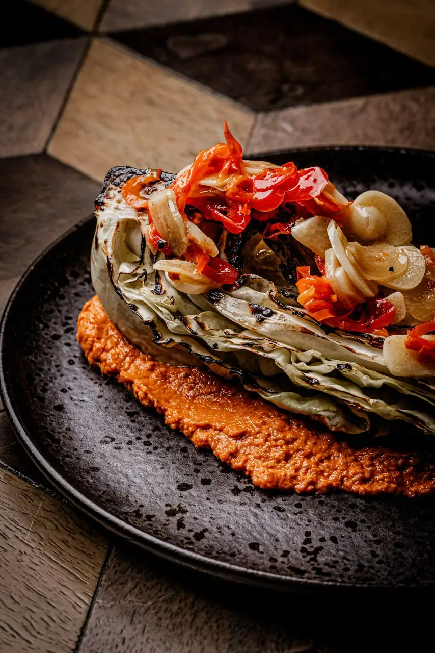 Grilled hispi cabbage with garlic, chilli and romesco