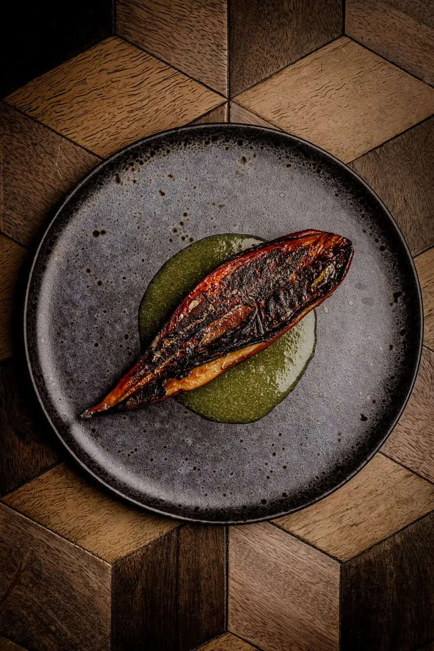 Charred smoked mackerel with basil and apple