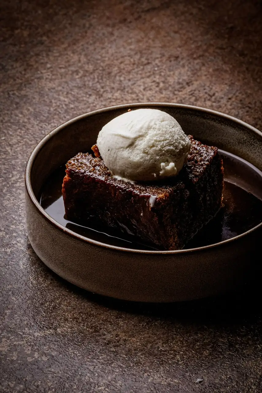 Sticky toffee pudding with vanilla ice cream